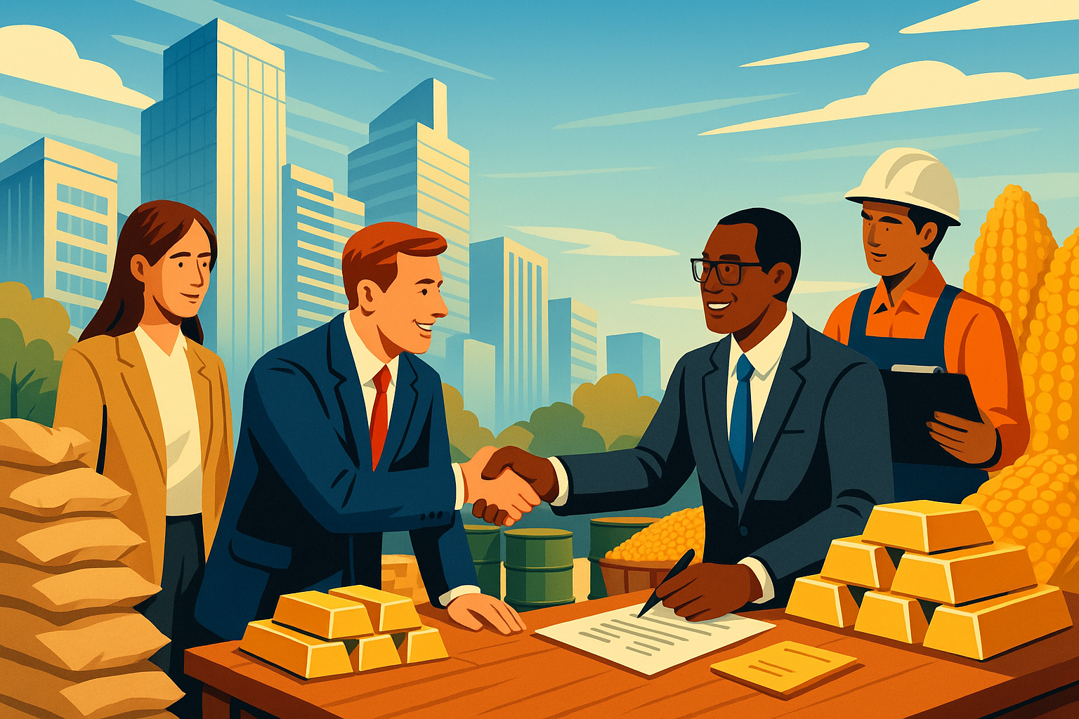 Commodities business deal showing professionals trading goods